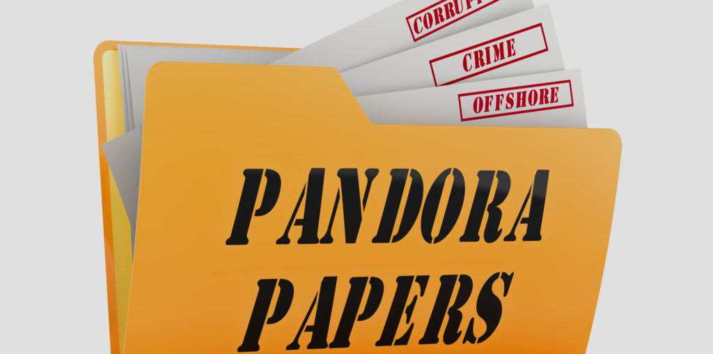 Yellow file marked Pandora Papers with tabs: Corruption, Crime and Offshore.