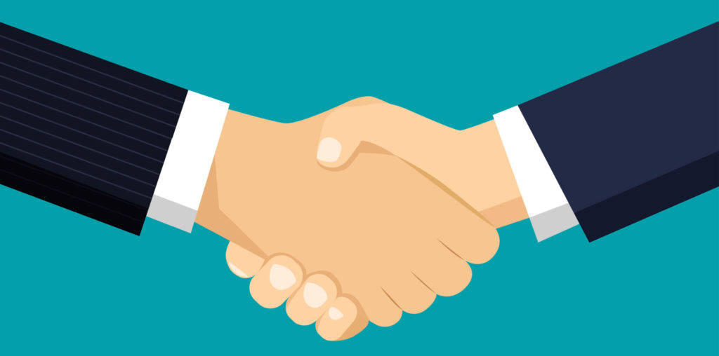 Handshake of two business people. Concept of agreement in finalising a sale. Vector flat style illustration